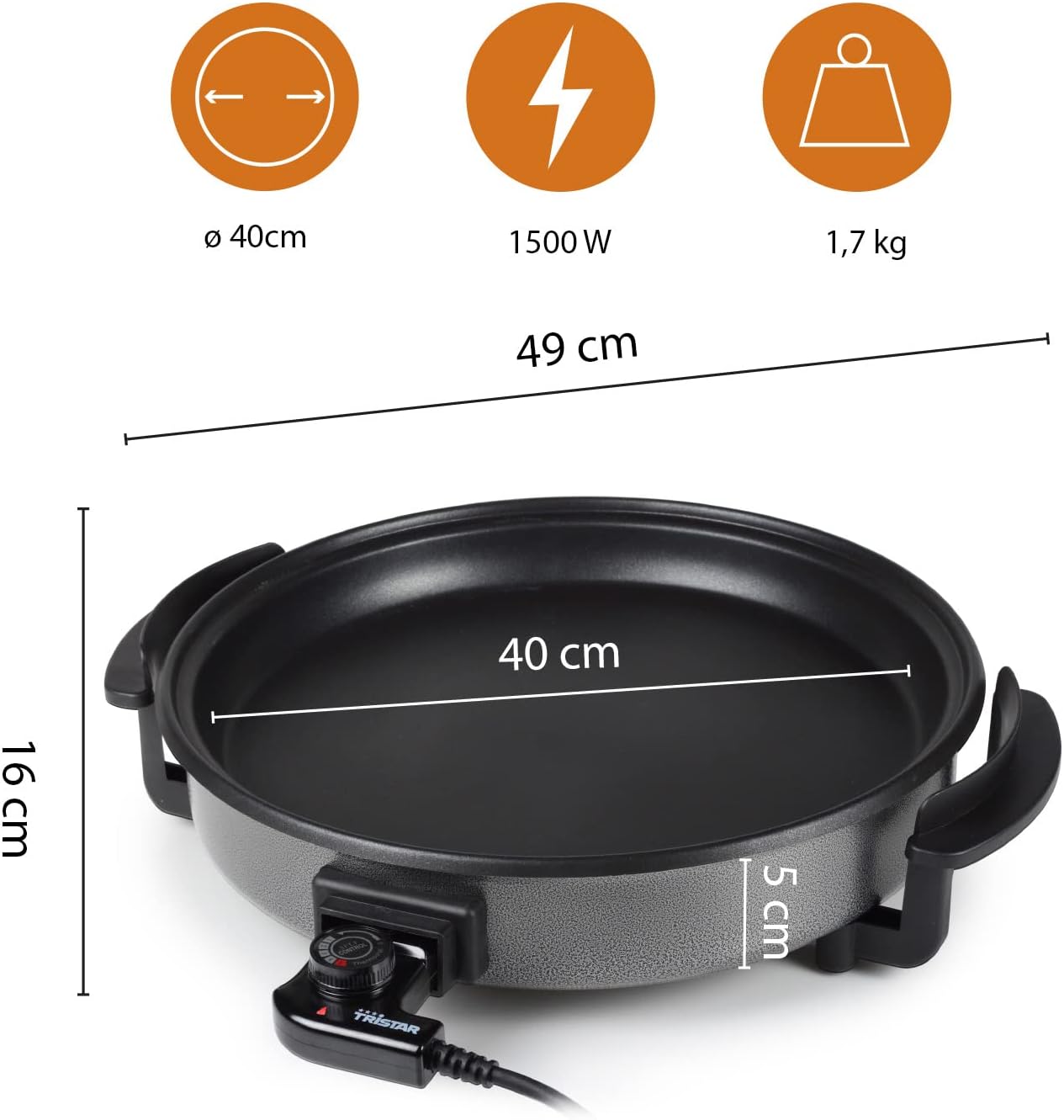 PZ-2964 Poêle avec Couvercle 40 cm 1500 W Sauteuse électrique 3 L