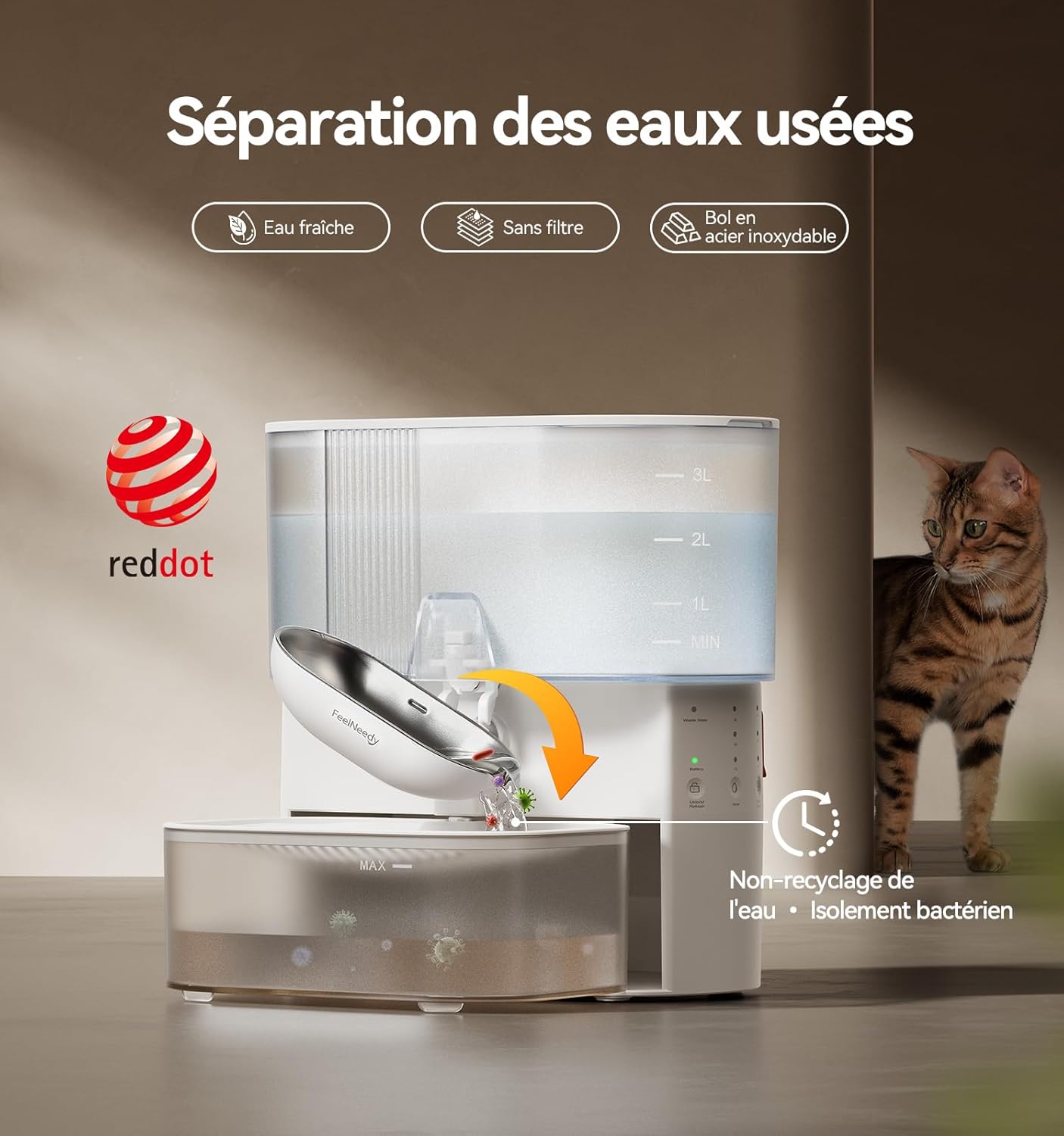 Fontaine a Eau Chat sans Filtre et sans Fil sur Batterie 2000mAh, Séparation De l'eau Propre et De l'eau Usée, Bol en Acier Inoxydable, Distributeur d'eau 3.5L, Fontaine à Eau Blanc