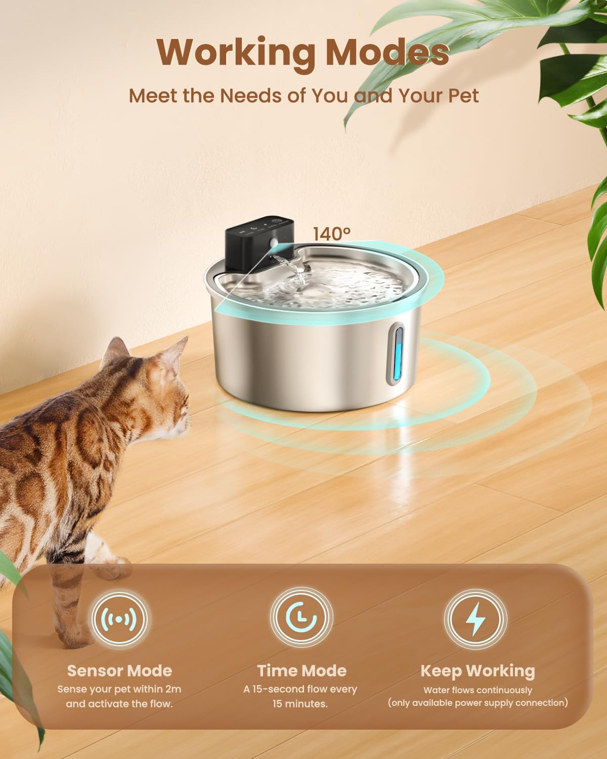 Fontaine a Eau Chat sans Fil 3,2L avec Batterie 4200mAh, Detecteur de Mouvement, INOX Fontaine à Eau pour Chat Silencieuse avec LED Fontaine Inox