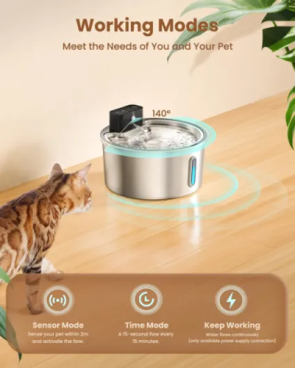 Fontaine a Eau Chat sans Fil 3,2L avec Batterie 4200mAh, Detecteur de Mouvement, INOX Fontaine à Eau pour Chat Silencieuse avec LED Fontaine Inox