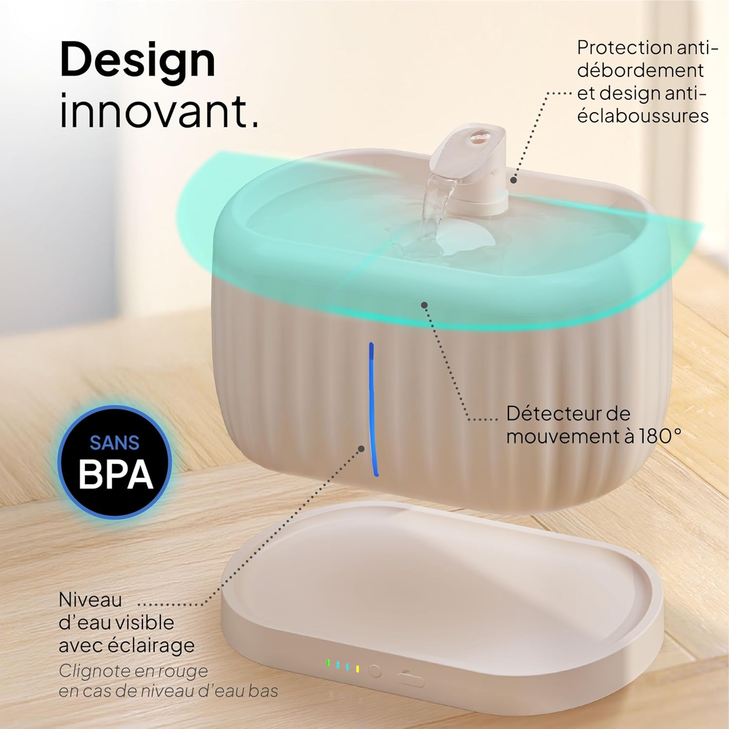 Pretty Paw Fontaine à Eau sans Fil pour Chat, avec Détecteur de Mouvement, Pompe à Induction, Batterie de 45 Jours, Filtre Intégré et Réservoir d'eau de 3L - Pure Flow Max (Beige) Beige 3L