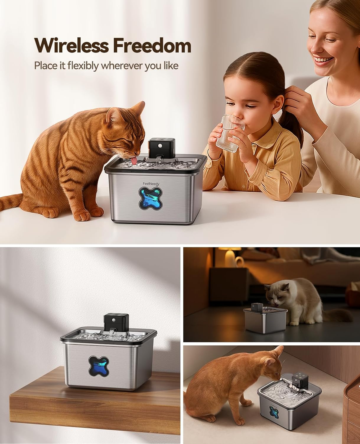 Fontaine a Eau Chat sans Fil, FEELNEEDY 3.2L Fontaine à Eau pour Chat INOX avec Detecteur de Mouvement, Visualisation du Filtre, Lavable au Lave-Vaisselle, Batterie 4000mAh Rechargeable 1 Fontaine à Eau Chat Inox