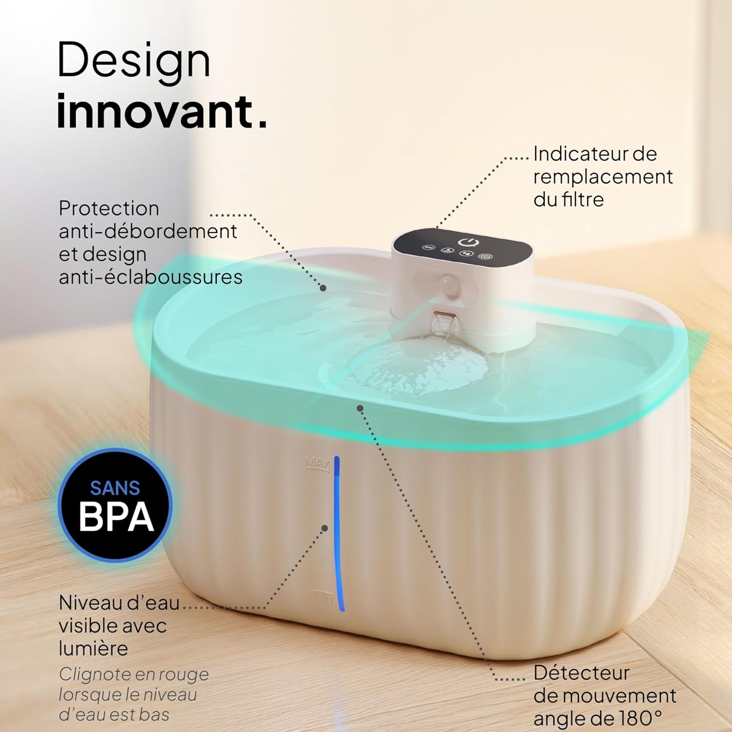 Pretty Paw Fontaine à Eau sans Fil pour Chats avec Détecteur de Mouvement - Batterie de Longue Durée, Capacité de 3L, Filtre Intégré et Facilité de Nettoyage - Aqua Sense Beige 3 Litres