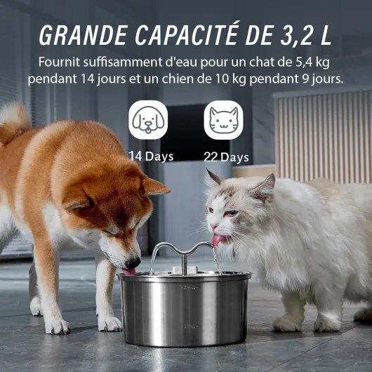 DOOOB Fontaine a Eau Chat 3.2L, Fontaine à Eau Chat INOX avec Pompe Ultra-Silencieuse, Distributeur Fontaine a Eau pour Chien, 8 Filtres et 8 éponges Inclus Fontaine chat + 8 filtres + 8 éponges