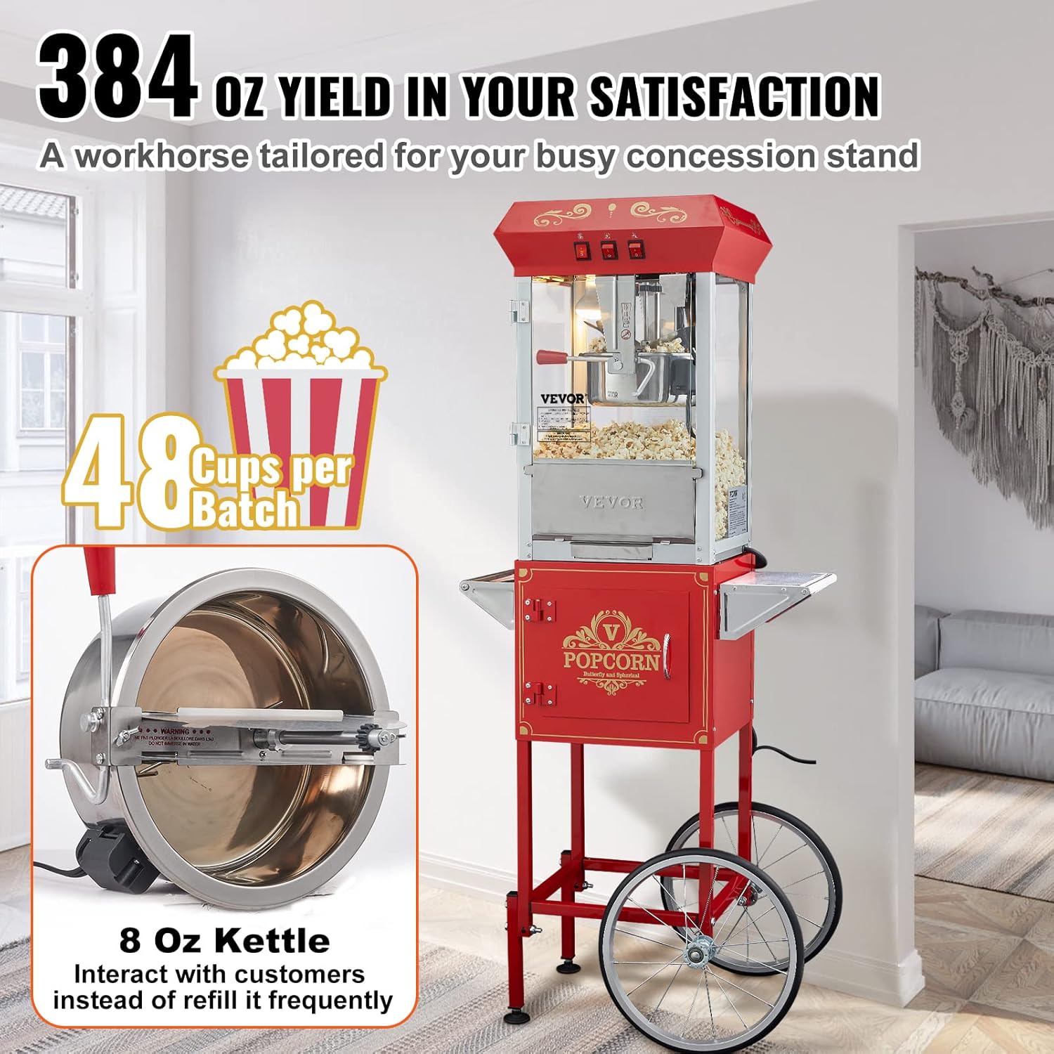 Machine à Pop Corn avec Chariot, Appareil à Pop-corn Électrique 850 W, Grand Bol de 227 g pour 48 Tasses par Lot, avec Verre Trempé, 4 Cuillères, Style Cinéma, pour Fête Magasin Soirée, Rouge
