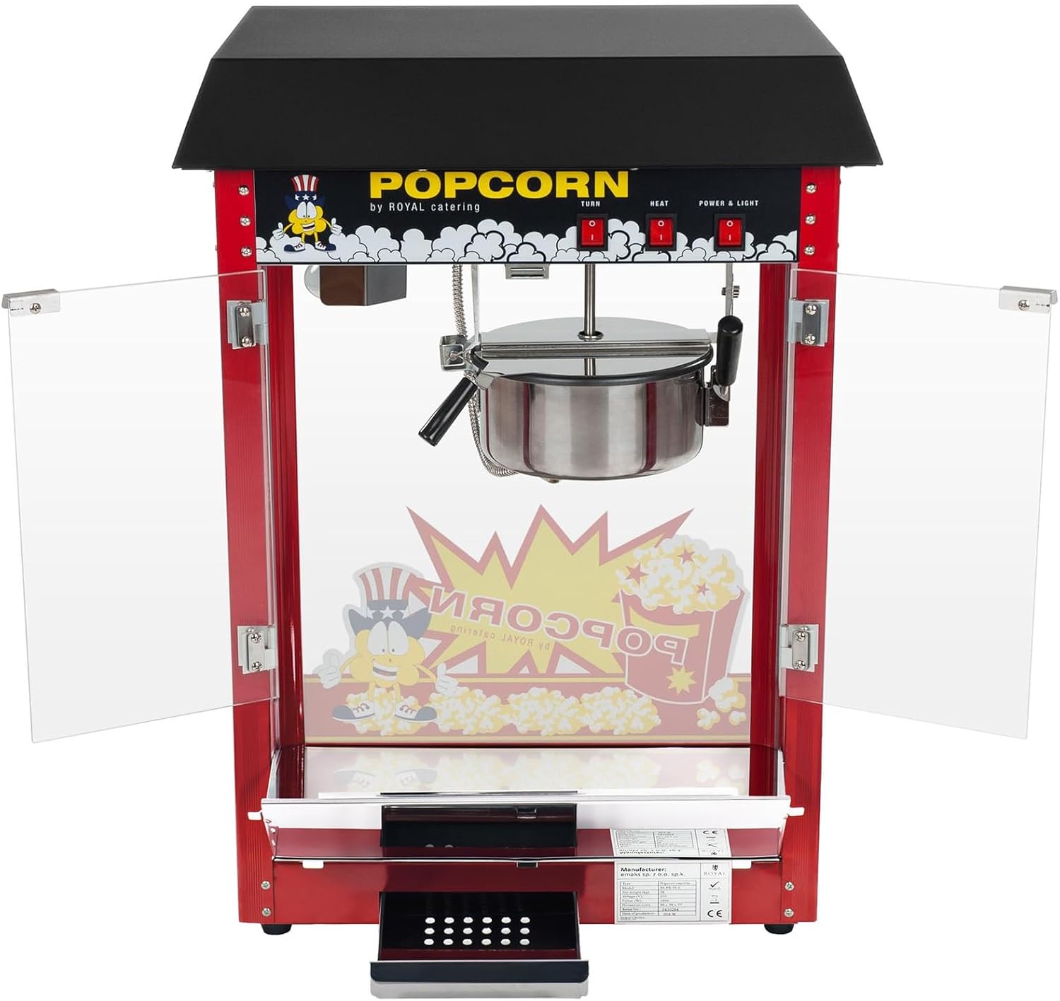 Machine À Popcorn Professionnelle RCPS-16E (1500 W, 5 Kg/Heure, 16 l/h, Marmite ø18 cm, Revêtement Antiadhésif, Rouge, Toit Noir)