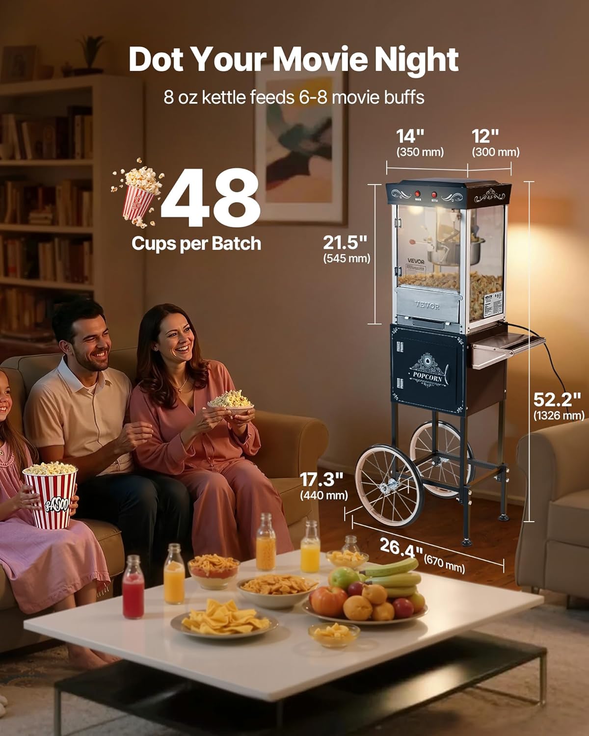 Machine à Pop Corn avec Chariot, Éclateur de Maïs 800 W, Grand Bol en Inox 0,2 kg, 48 Tasses par Lot, avec Commande à 2 Boutons, Paroi en Verre, Porte PC, Pelle Doseuse et Cuillères, Noir