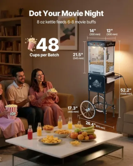 Machine à Pop Corn avec Chariot, Éclateur de Maïs 800 W, Grand Bol en Inox 0,2 kg, 48 Tasses par Lot, avec Commande à 2 Boutons, Paroi en Verre, Porte PC, Pelle Doseuse et Cuillères, Noir