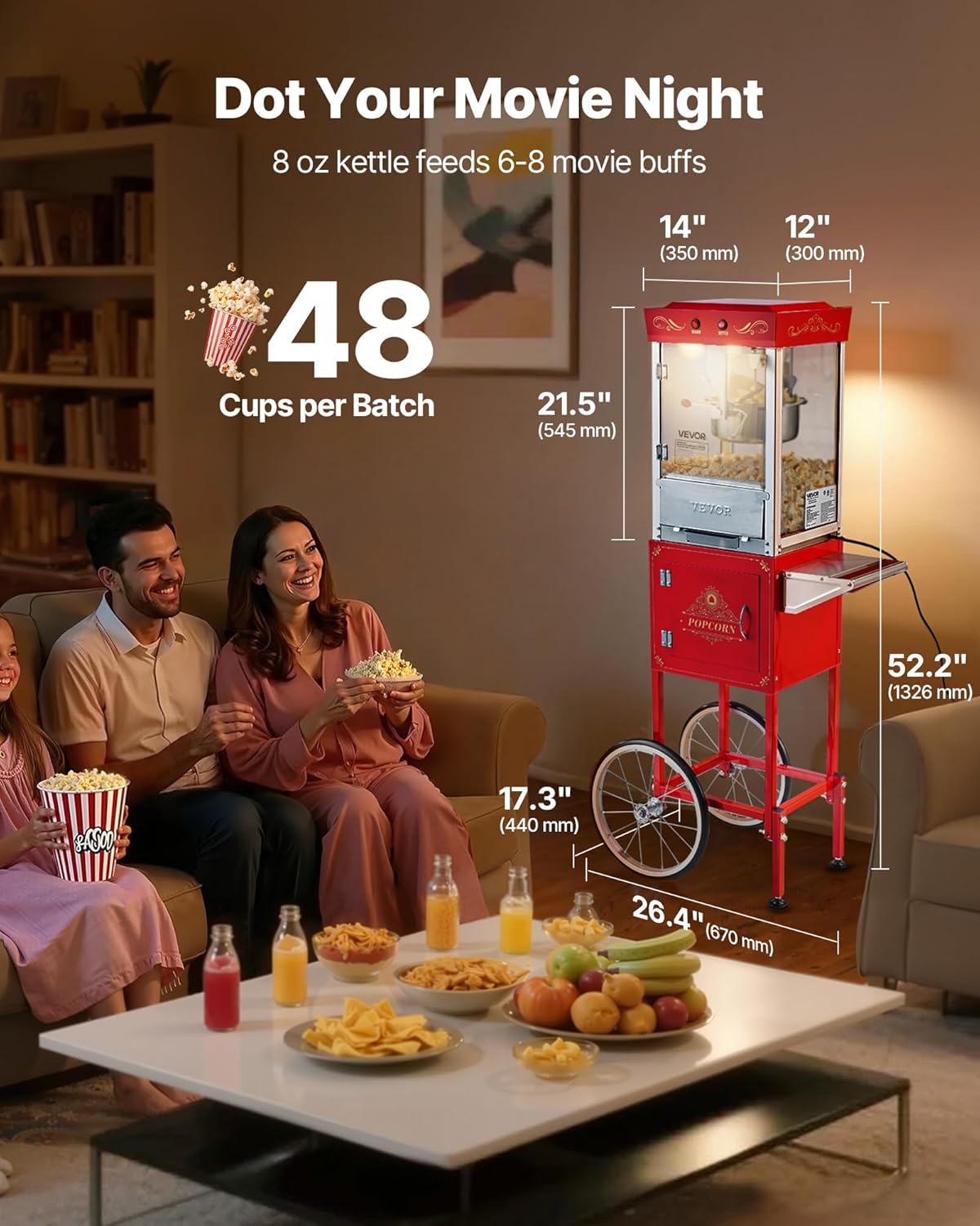 Machine à Pop Corn avec Chariot, Éclateur de Maïs 800 W, Grand Bol en Inox 0,2 kg, 48 Tasses par Lot, avec Commande à 2 Boutons, Paroi en Verre, Porte PC, Pelle Doseuse et Cuillères, Rouge