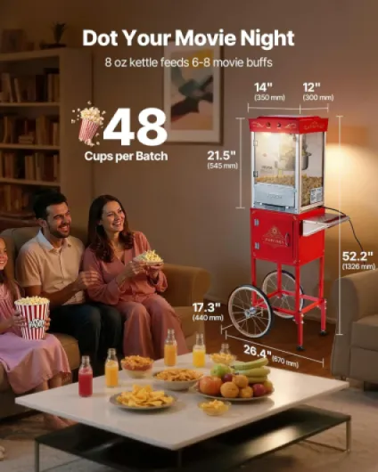 Machine à Pop Corn avec Chariot, Éclateur de Maïs 800 W, Grand Bol en Inox 0,2 kg, 48 Tasses par Lot, avec Commande à 2 Boutons, Paroi en Verre, Porte PC, Pelle Doseuse et Cuillères, Rouge