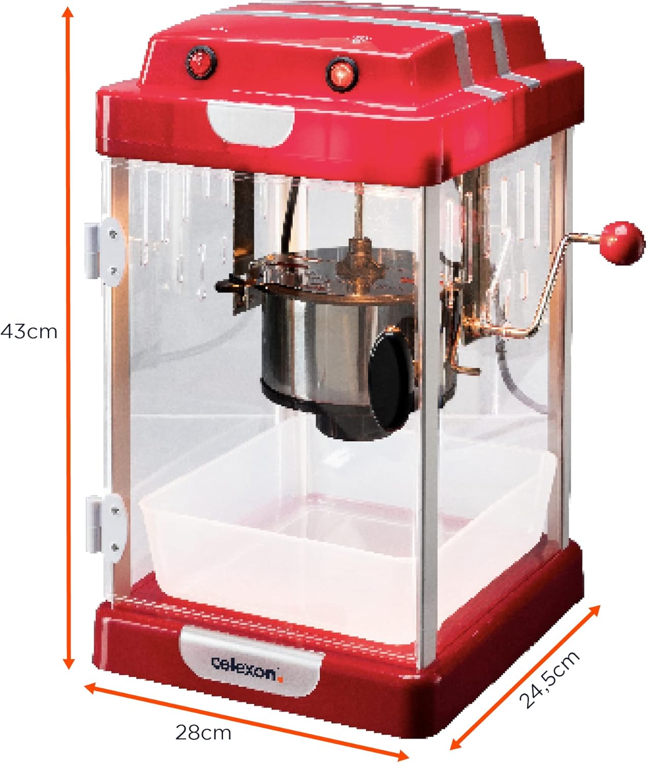 CinePop CP1000 Machine à Popcorn Rétro style cinéma - cuve en acier inoxydable & bras mélangeur - avec huile, beurre, sucre, sel, sirop, etc - 24,5 x 28 x 43 cm Design Cinéma Rétro Rouge