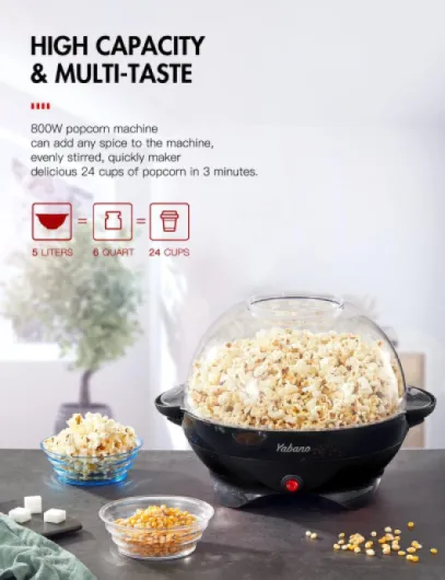 Yabano Machine à Popcorn, Électrique Machine à Pop Corn avec Plateau de Cuisson Détachable, Revêtement Antiadhésif, Bol de 5l Couvercle 2-en-1, Noir
