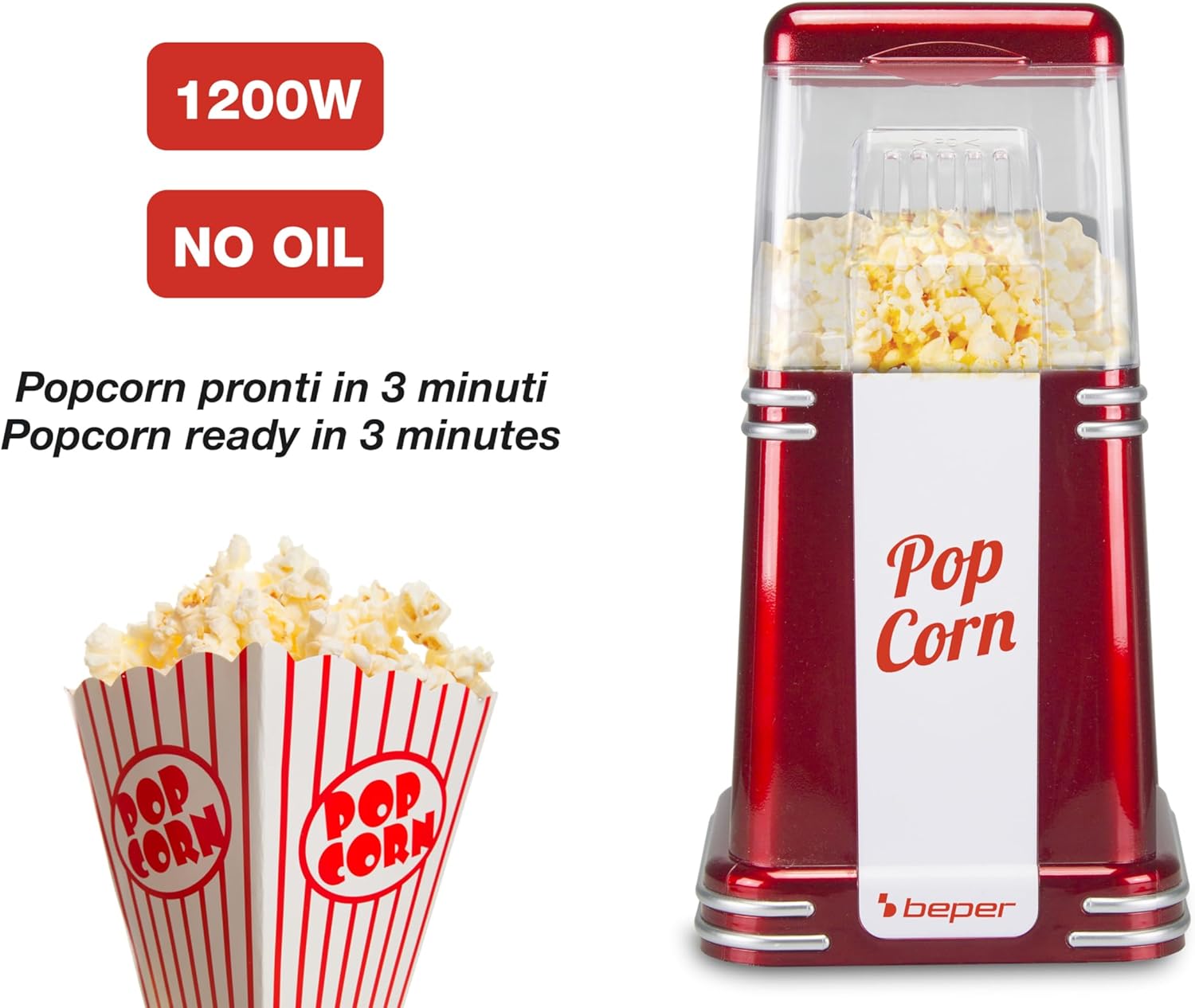 90.590Y Machine à Pop-Corn, Pop-Corn en 3 Minutes, Sans Matières Grasses, Circulation d'Air Chaud, Puissance 1200W, Rouge
