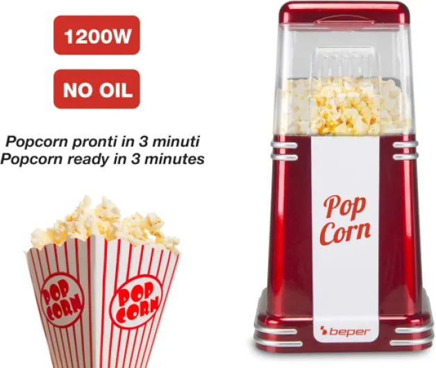 90.590Y Machine à Pop-Corn, Pop-Corn en 3 Minutes, Sans Matières Grasses, Circulation d'Air Chaud, Puissance 1200W, Rouge