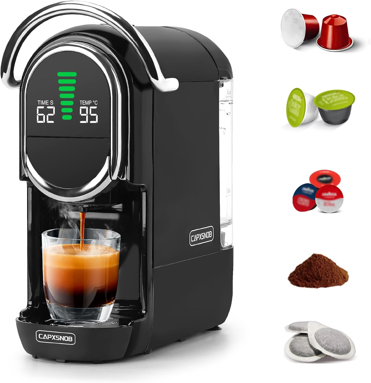 Magician1 Machine à café Capsules pour Nespresso, Dolce Gusto, Lavazza A Modo Mio, Dosettes ESE 44mm et Café Moulu, Température et Taille Tasse Réglable, 20Bar, Cafetière Chaud ou Froid Noir