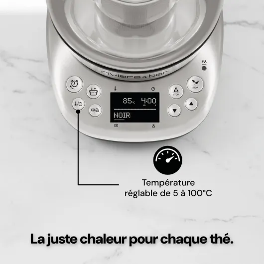 Riviera&bar Théière Bouilloire CHA DAO EXPERT à Température Réglable - Verre Trempé et Inox, Mode Silencieux, Infusion Thé Optimale, Écran LCD, Programmes Personnalisables - 1,5L - Inox