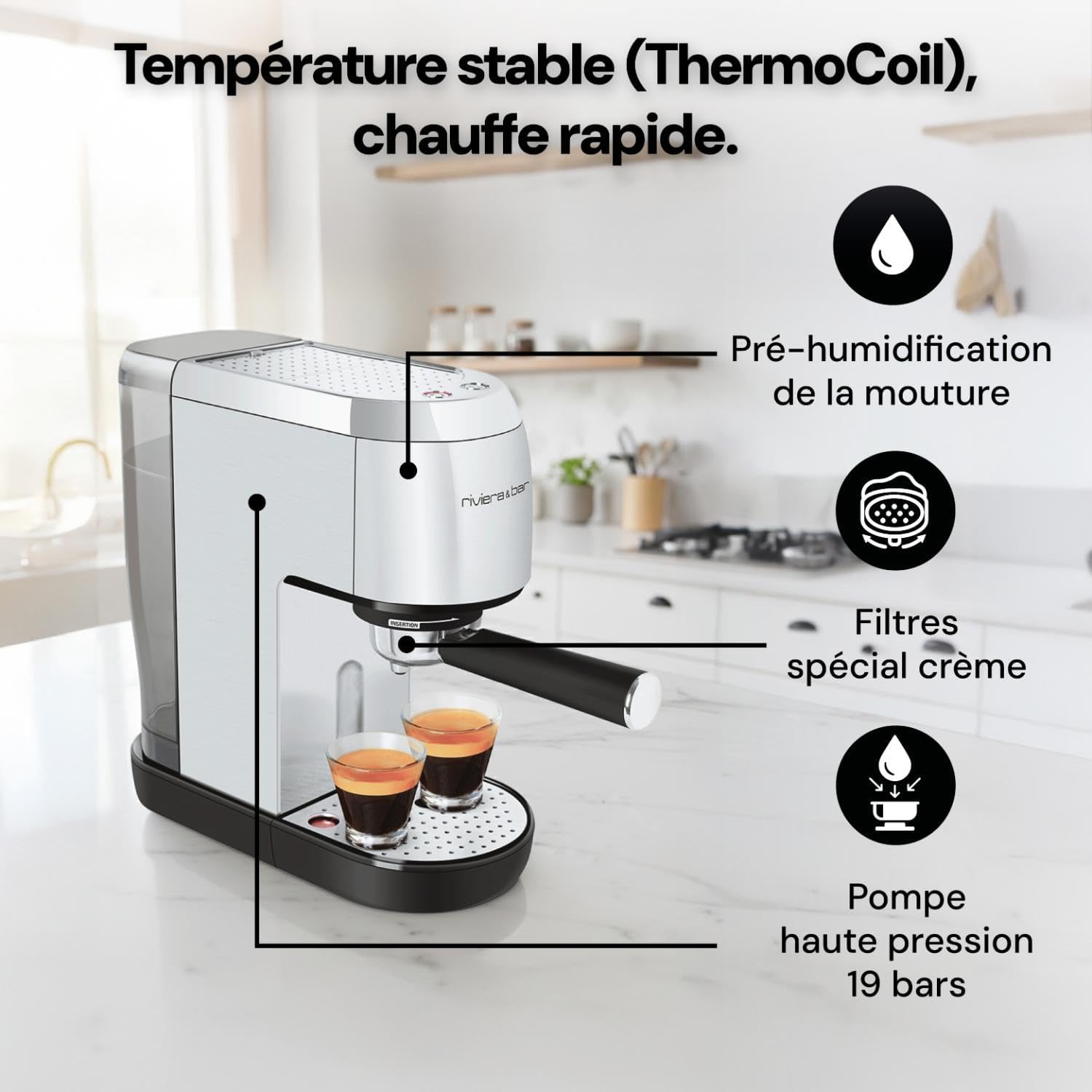 Riviera&bar Machine à Expresso Compacte - 1400W, 19 Bars, Réservoir 1,4L, Plateau Chauffe-Tasses, Filtre 1 et 2 Tasses, Arrêt Automatique - Compact et Polyvalent - Inox Satiné