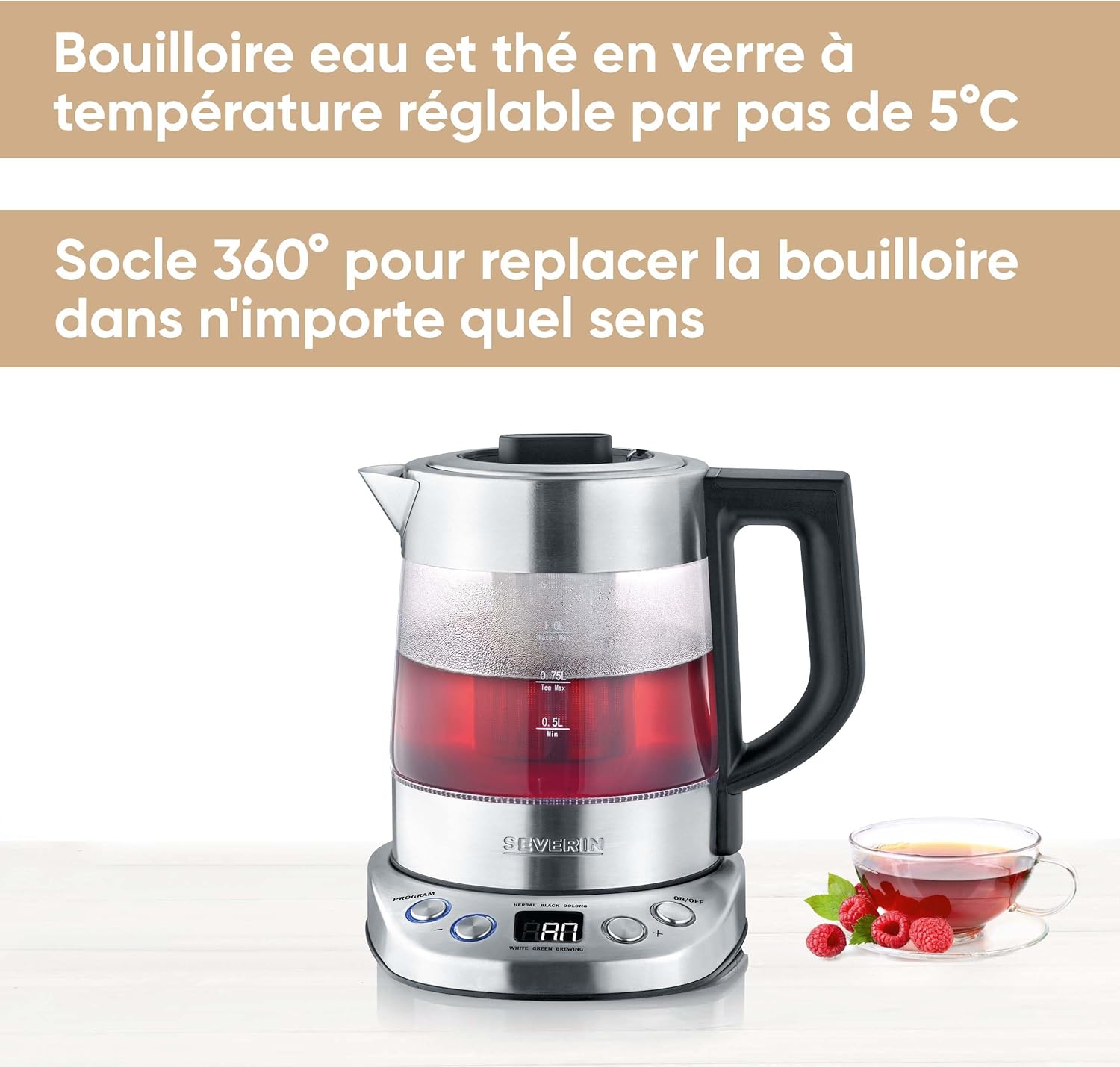 Bouilloire Eau et Thé, 1L, 2 200W, 5 Programmes d'Infusion Préréglés, Température et Temps Réglables, Verre/Inox, WK 3473 1 Litres Unique