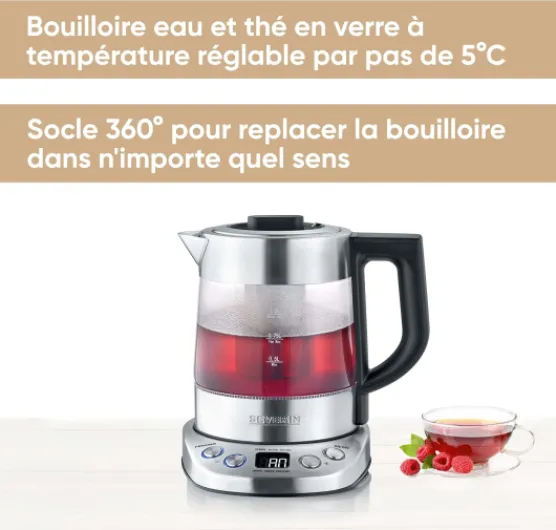 Bouilloire Eau et Thé, 1L, 2 200W, 5 Programmes d'Infusion Préréglés, Température et Temps Réglables, Verre/Inox, WK 3473 1 Litres Unique