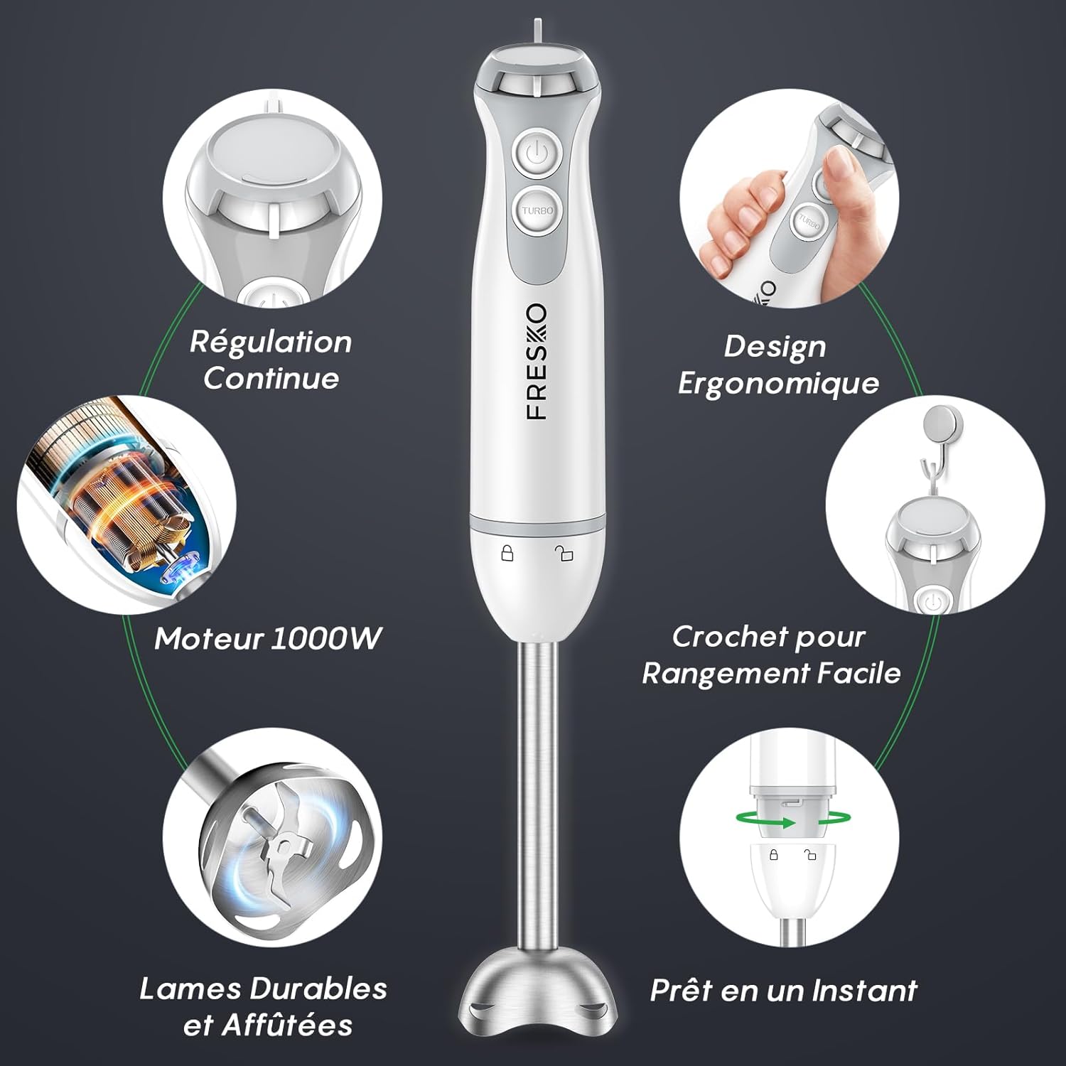 Mixeur Plongeant 4 en 1, 1000W en Acier Inoxydable, Vitesse Variable et Turbo, avec Hachoir de 500 ml et Verre Doseur de 700 ml, pour Aliments pour Bébés, Soupes et Smoothies, Blanc (HB3303) (Blanc) Mixeur + Fouet + Verre Doseur + Hachoir