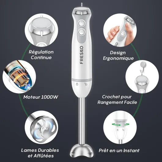 Mixeur Plongeant 4 en 1, 1000W en Acier Inoxydable, Vitesse Variable et Turbo, avec Hachoir de 500 ml et Verre Doseur de 700 ml, pour Aliments pour Bébés, Soupes et Smoothies, Blanc (HB3303) (Blanc) Mixeur + Fouet + Verre Doseur + Hachoir