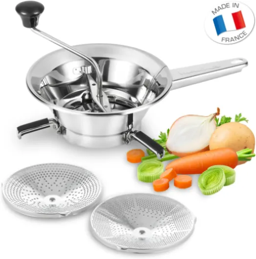 Moulin à légumes manuel classic en inox, acier Inoxydable, Petit modèle, Broyage facile, Purées, Soupes, Compotes, Compatible lave-vaisselle, Fabriqué en France A40106