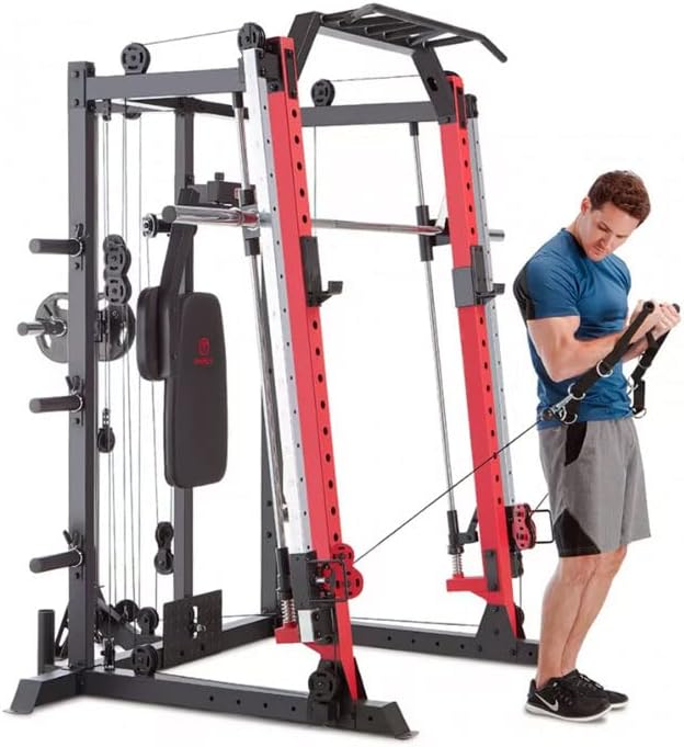 Smith Machine Cage de musculation multifonction pour entraînement à domicile avec barre de traction autoportante et station de rotation Rouge