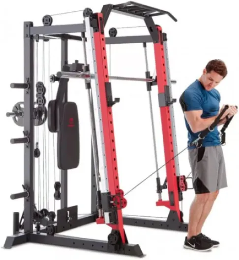 Smith Machine Cage de musculation multifonction pour entraînement à domicile avec barre de traction autoportante et station de rotation Rouge