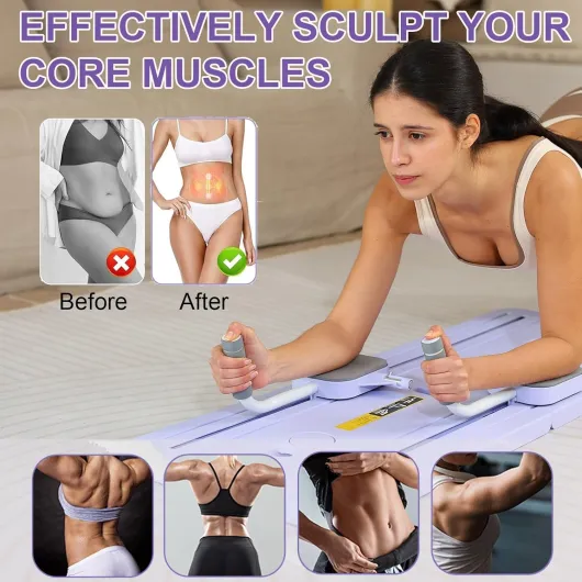 Pilates Board - 2025 Upgraded Pliable Pilates Reformer Machine Maison Planche Pilate Kit Multifonction Planche Fitness Roulette Abdominale Rebond Automatique Rose