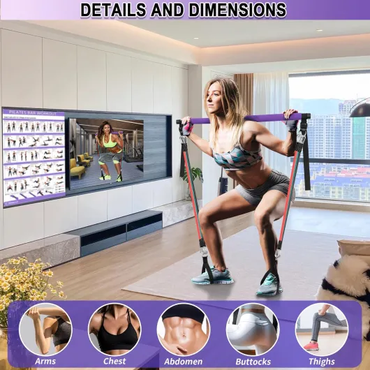 Ensemble de Barres de Pilates et de Bandes de résistance avec poignées, Salle de Sport Portable à Domicile – Livré avec des Affiches et des vidéos de Fitness Standard - Purple