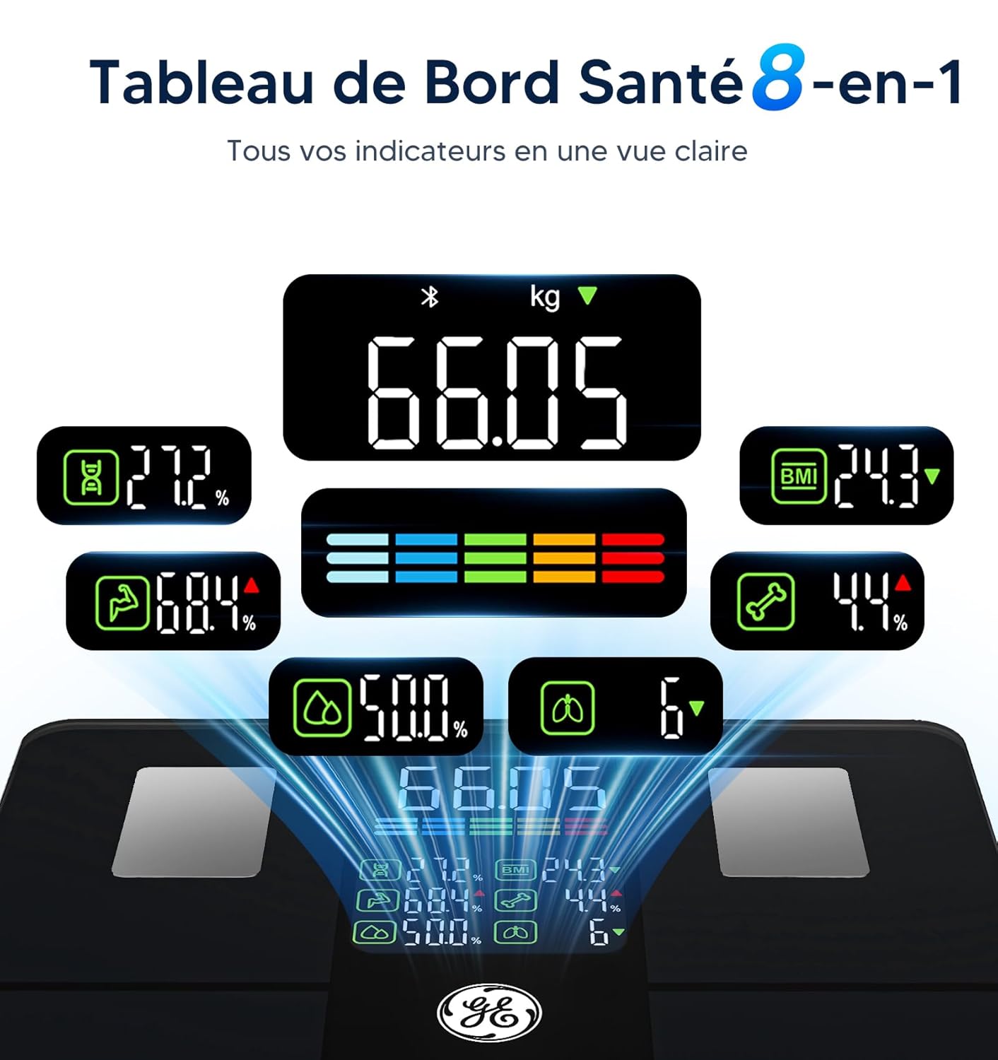 GE Pese Personnes Connectée Smart, Balance Connectée avec Grand écran 14 Données Corporelles Masse Graisseuse et Musculaire IMC Bluetooth Pèse Personne avec APP 180 kg Noir