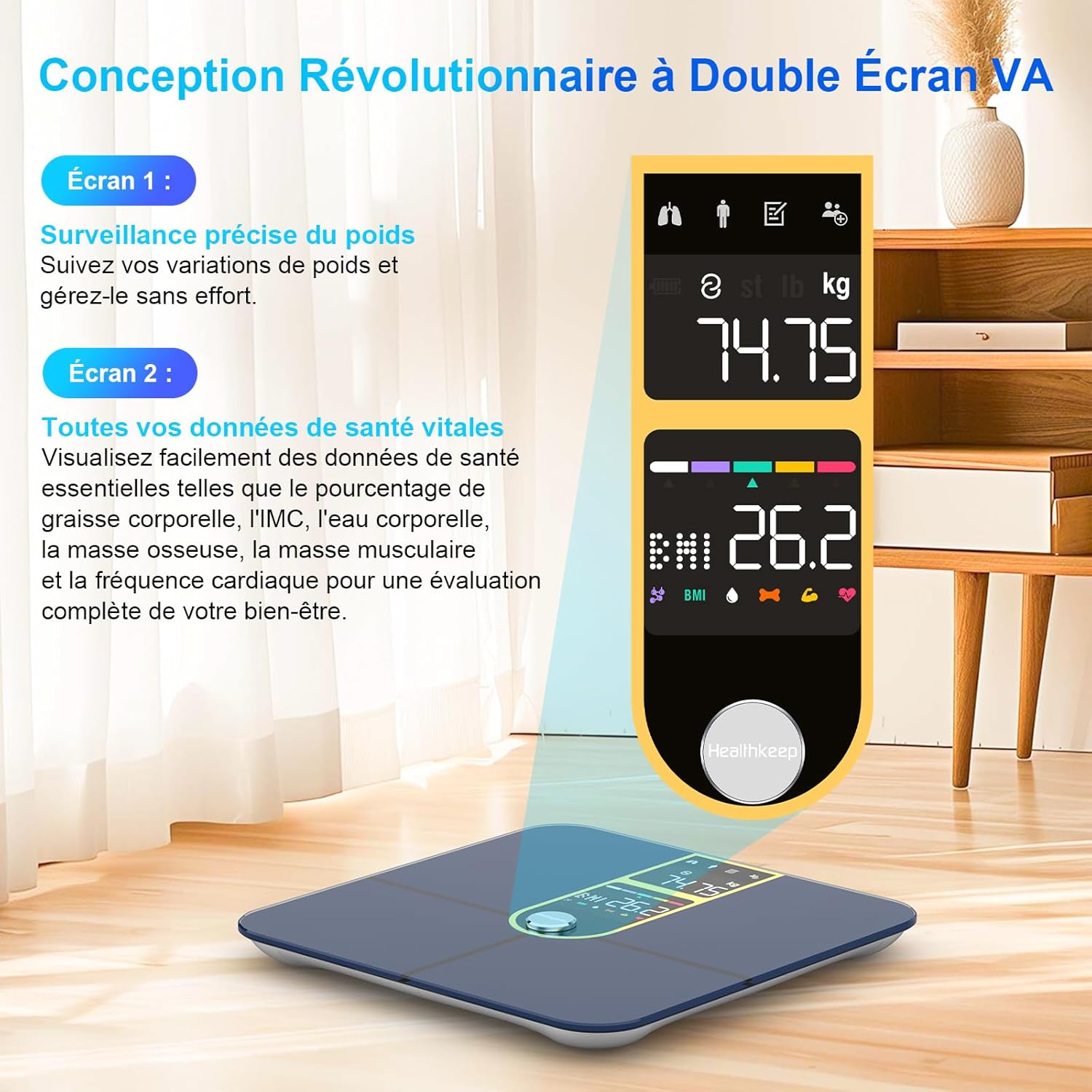 Pèse Personne Balance Connectée Bluetooth Avec 2 Écrans VA et Technologie de Revêtement ITO, 16 Données Corporelle avec Fréquence Cardiaque APP pour Andriod et iOS 180kg/400lb, Doré