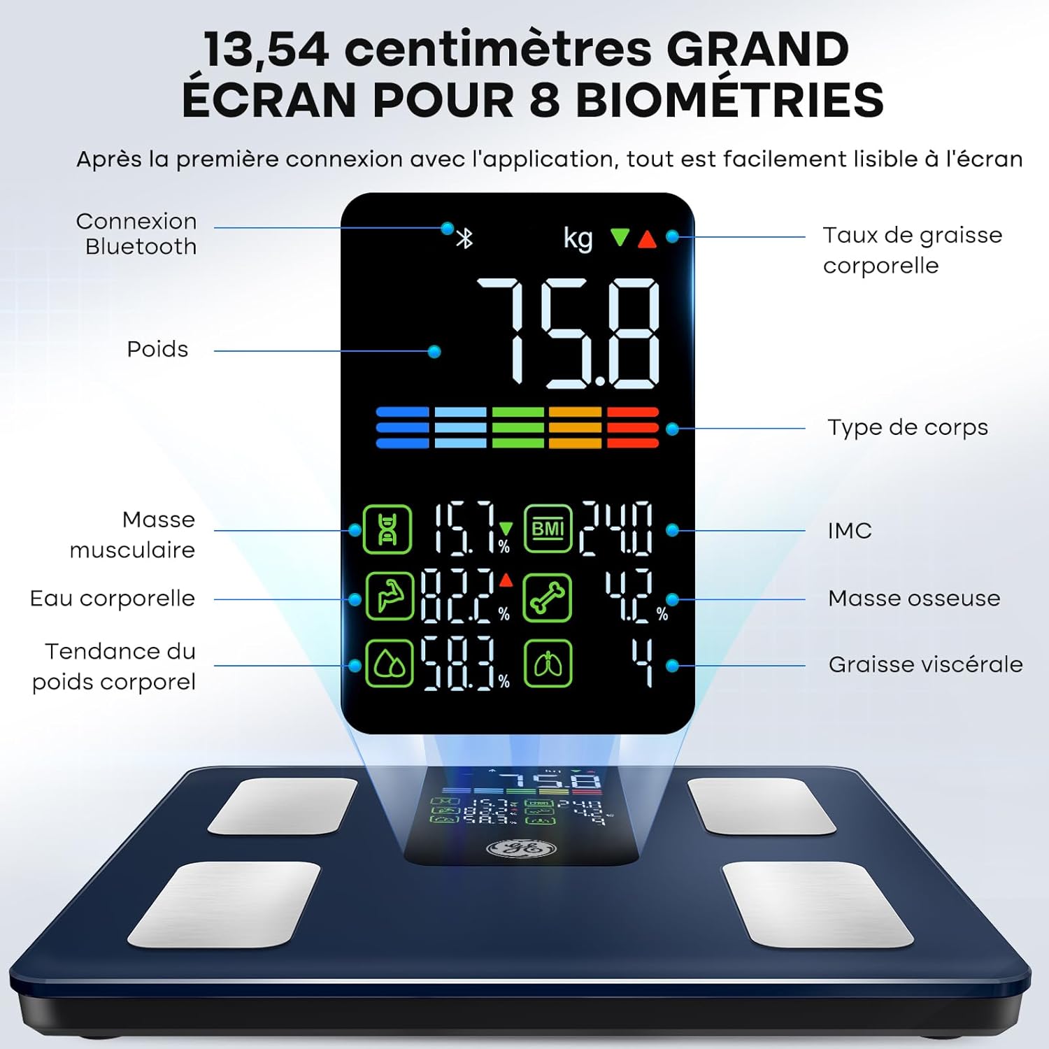 GE Connectée Balance Pese Personne: IMC Pèse Personne avec 5.3" Grand écran 14 Mesures Affichées Balance Masse Graisseuse et Musculaire Bluetooth Pese Personnes 226 kg/500 lb Dark-Blue