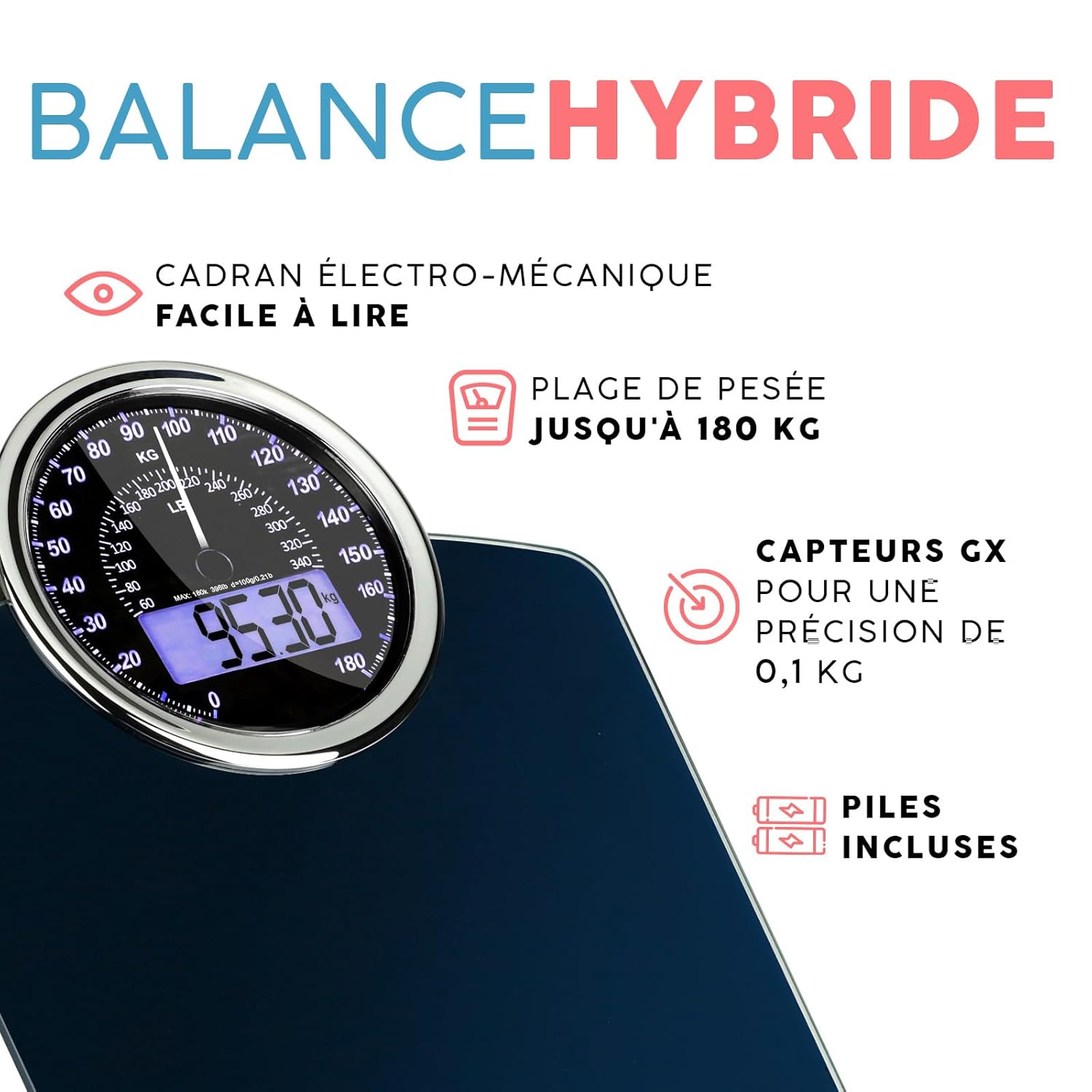 Pèse-personne Hybride - NOUVEAU - 2-en-1 Digital et Analogique - Jusqu'à 180 kg - Verre trempé épais - Grand écran - Lecture facile Bleu - KG
