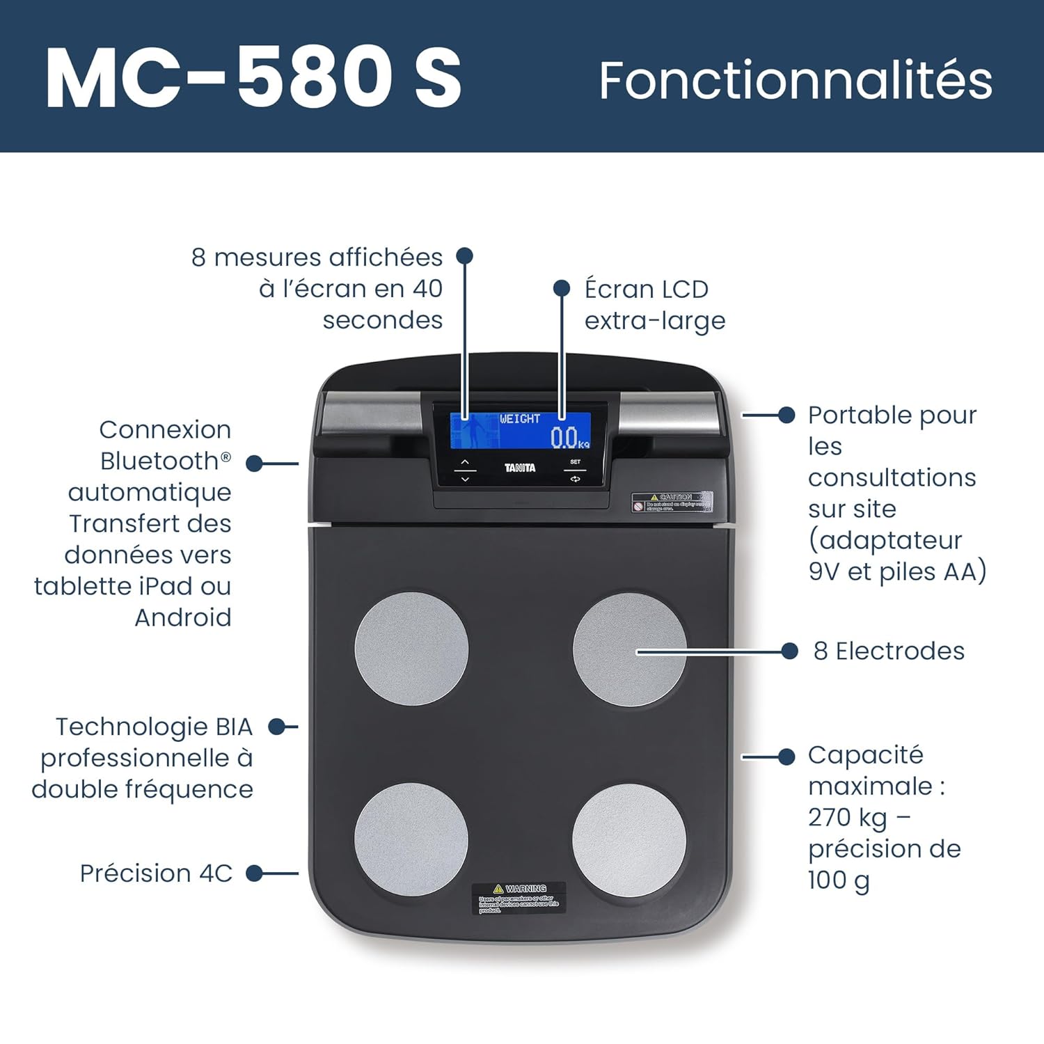 MC-580S – Balance impédancemètre professionnelle composition corporelle – Analyseur multi-fréquence 8 électrodes, Bluetooth, LCD, mesure masse grasse & musculaire – Pèse-personne connecté