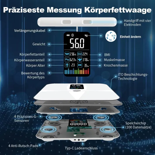 Pulse P1 Pèse-personne avec capteurs de graisse corporelle et masse musculaire 8 électrodes, analyse de la graisse corporelle pour 24 utilisateurs Blanc
