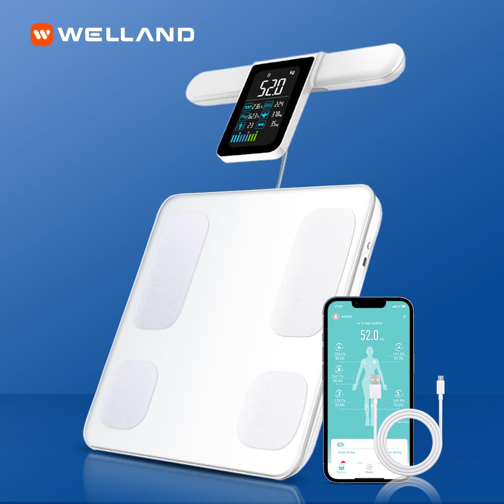 Fitdays Balance intelligente à 8 électrodes : analyseur de composition corporelle, 27 mesures via l'application Bluetooth Fitdays, 180 kg (FG2015ULB-blanc)
