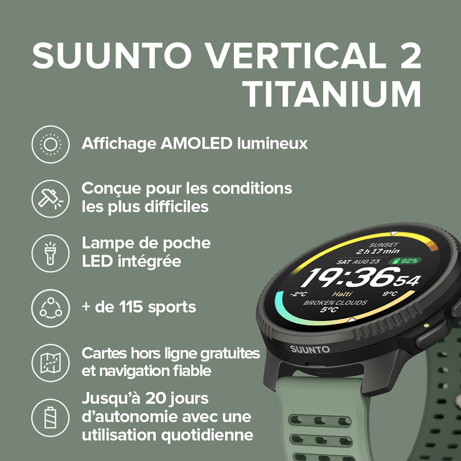 Vertical 2 Montre GPS Sport, Écran Tactile AMOLED Lumineux avec Design Robust, Lampe LED Intégrée, Autonomie 20 Jours, Cartes Hors-Ligne, Navigation Fiable, 115+ Modes de Sport Sage Titanium