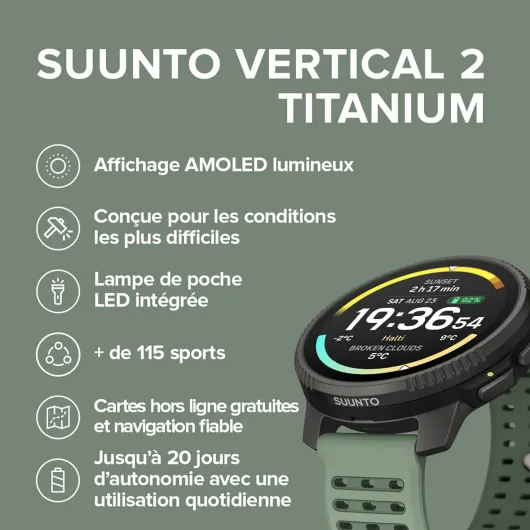 Vertical 2 Montre GPS Sport, Écran Tactile AMOLED Lumineux avec Design Robust, Lampe LED Intégrée, Autonomie 20 Jours, Cartes Hors-Ligne, Navigation Fiable, 115+ Modes de Sport Sage Titanium