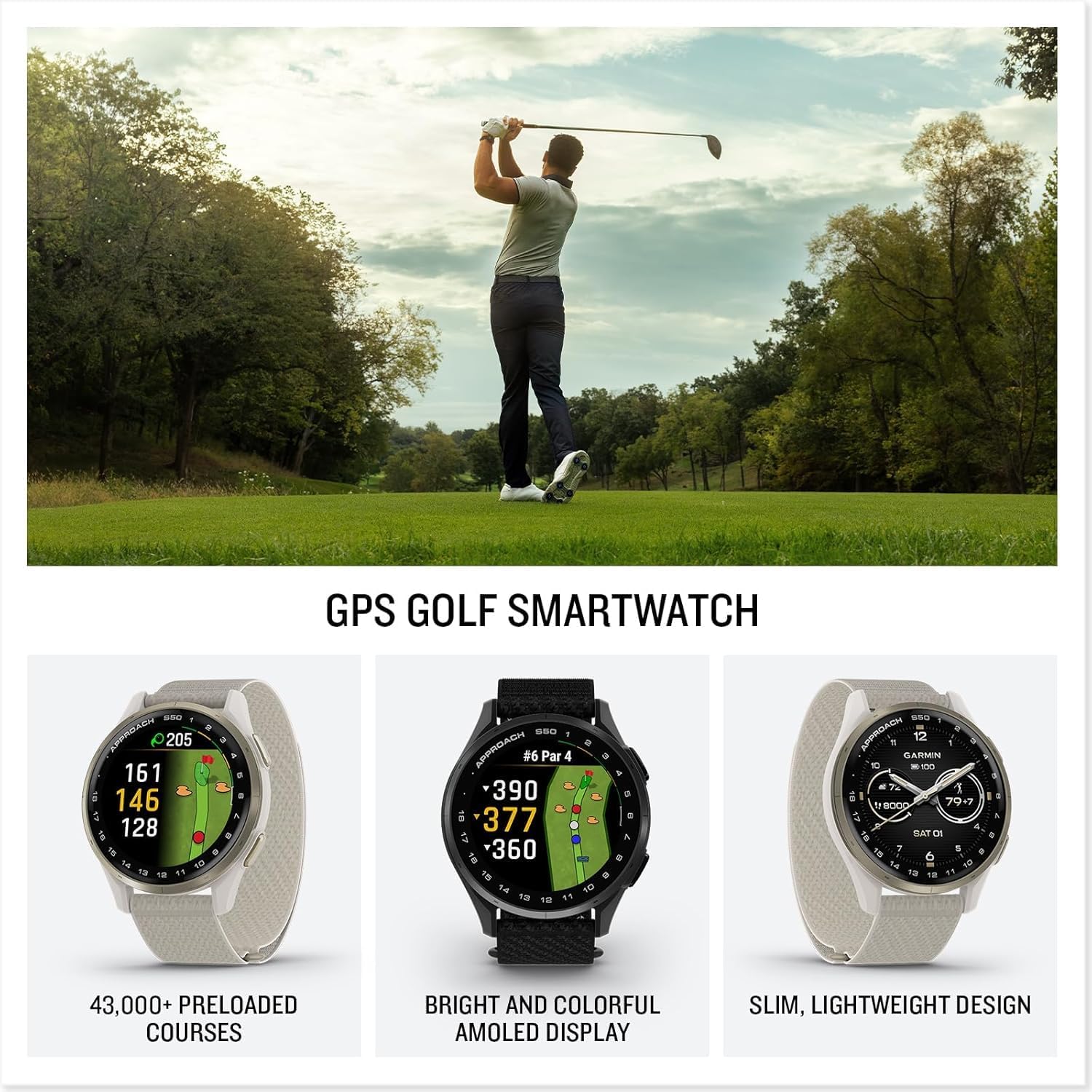 Approach S50 Montre de golf avancée avec GPS, écran AMOLED, montre intelligente de sport et de fitness, lunette en aluminium ardoise avec bracelet en nylon ComfortFit noir et écouteurs sans fil