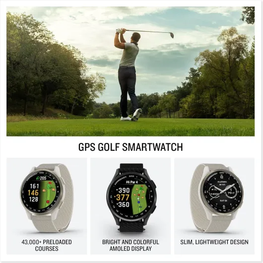Approach S50 Montre de golf avancée avec GPS, écran AMOLED, montre intelligente de sport et de fitness, lunette en aluminium ardoise avec bracelet en nylon ComfortFit noir et écouteurs sans fil