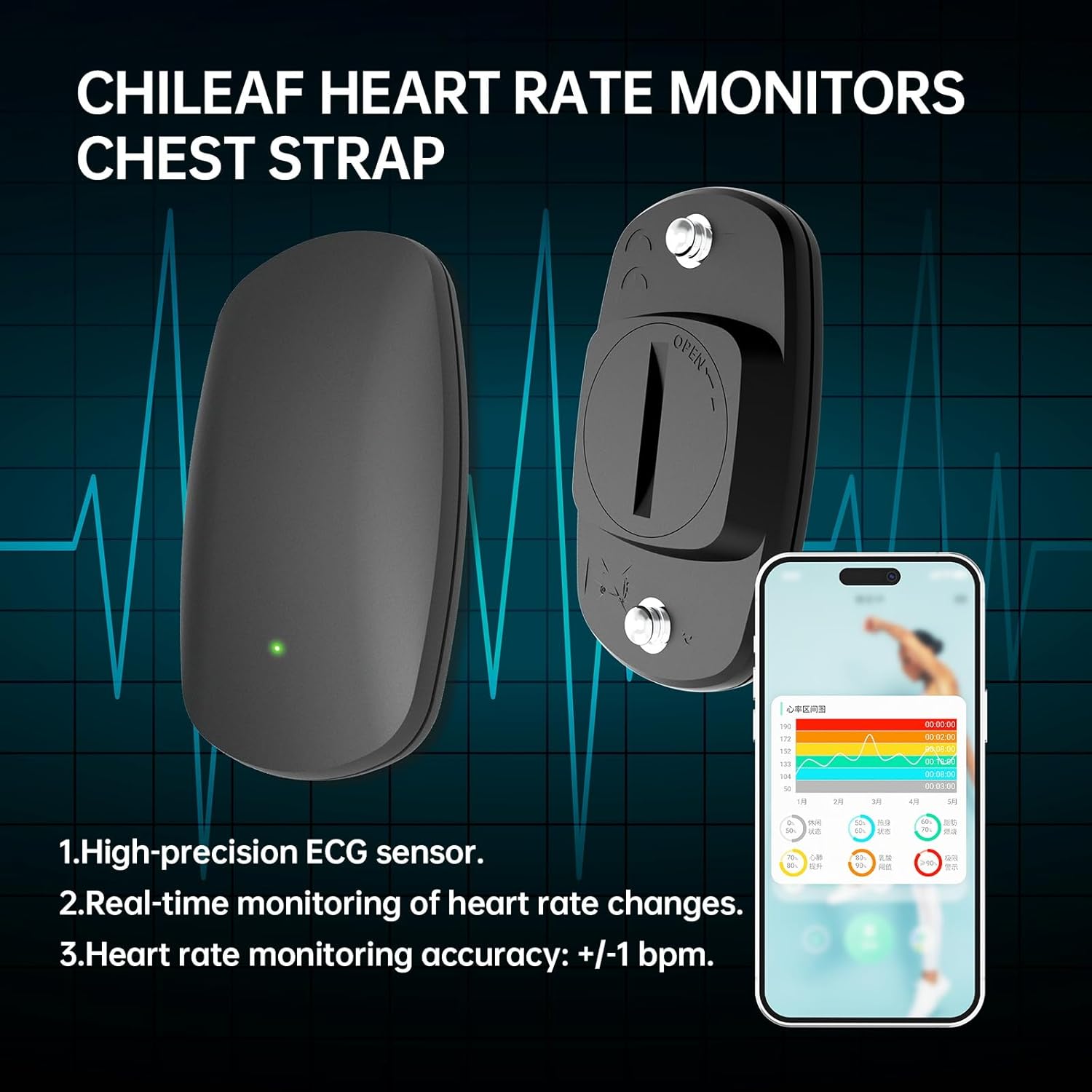 Brassard de Moniteur de fréquence Cardiaque HRM CHILEAF Capteur de fréquence Cardiaque Capteur HR IP67 Ant+ Bluetooth 60H Longue durée de Vie de la Batterie Compatible avec Polar Beat, Wahoo Fitness CL803-uk-001