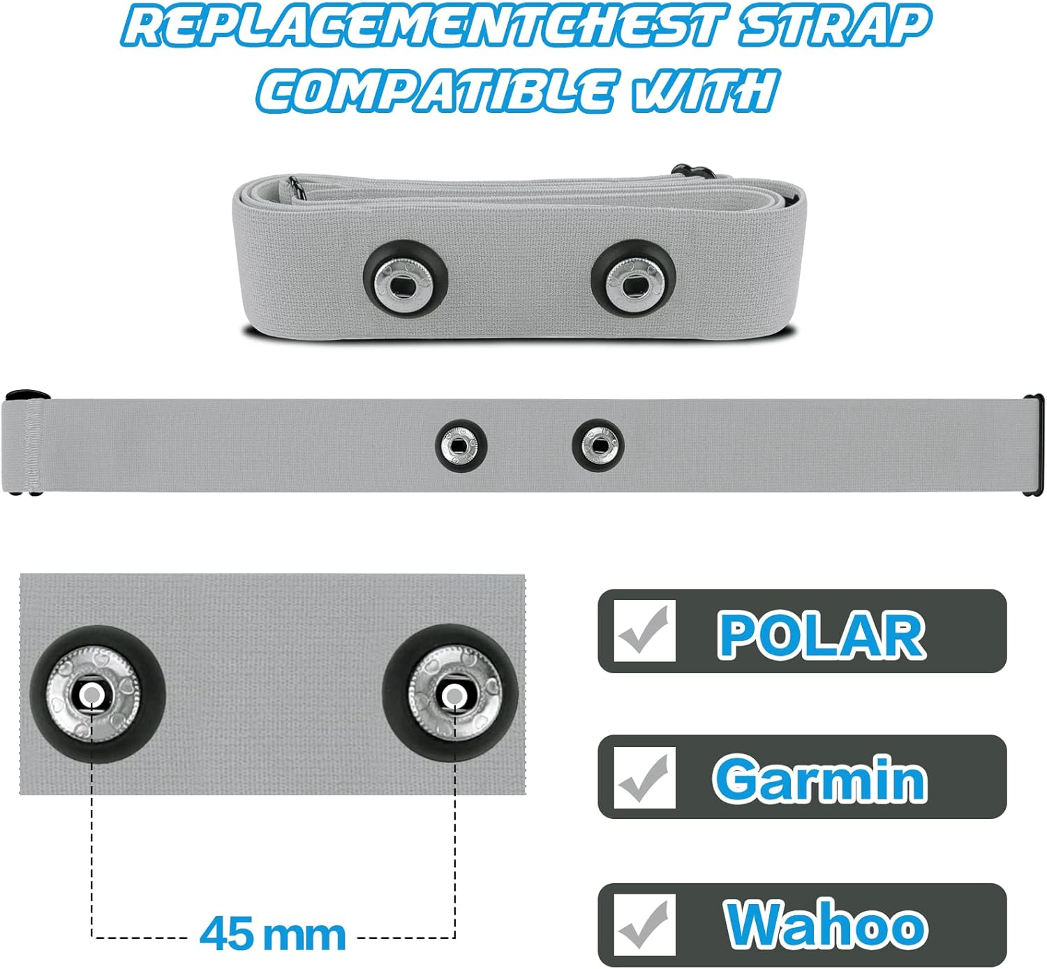 Onlyesh Ceinture Cardio Ceinture de Remplacement Elastique Sangle de Poitrine pour Garmin, Wahoo Sport Moniteur de Fréquence Cardiaque (Gris)