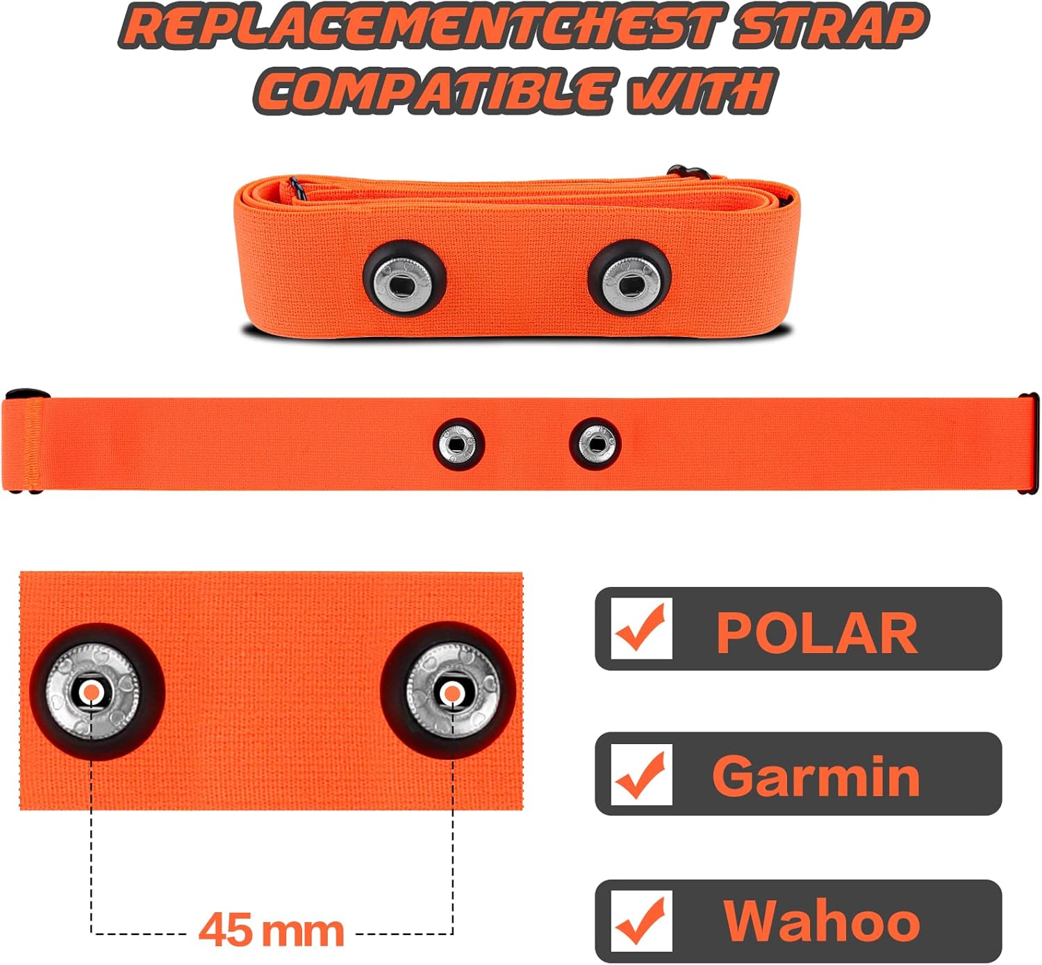 Onlyesh Ceinture Cardio Ceinture de Remplacement Elastique Sangle de Poitrine pour Garmin, Wahoo Sport Moniteur de Fréquence Cardiaque (Orange)