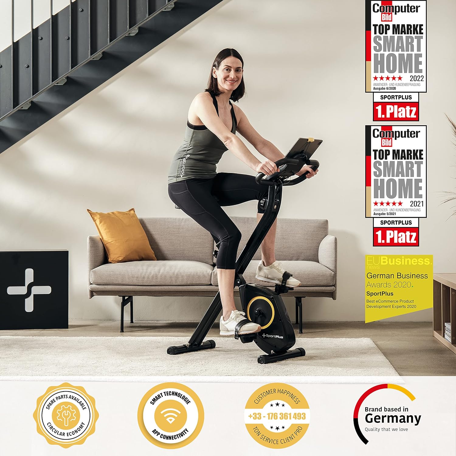 Vélo d'appartement pliable - Vélo d'appartement extra silencieux pour la maison - vélo d'intérieur peu encombrant & pliable compatible avec l'application Fitnessbike SP-HT-1200-B-iE - Compatible avec l'application