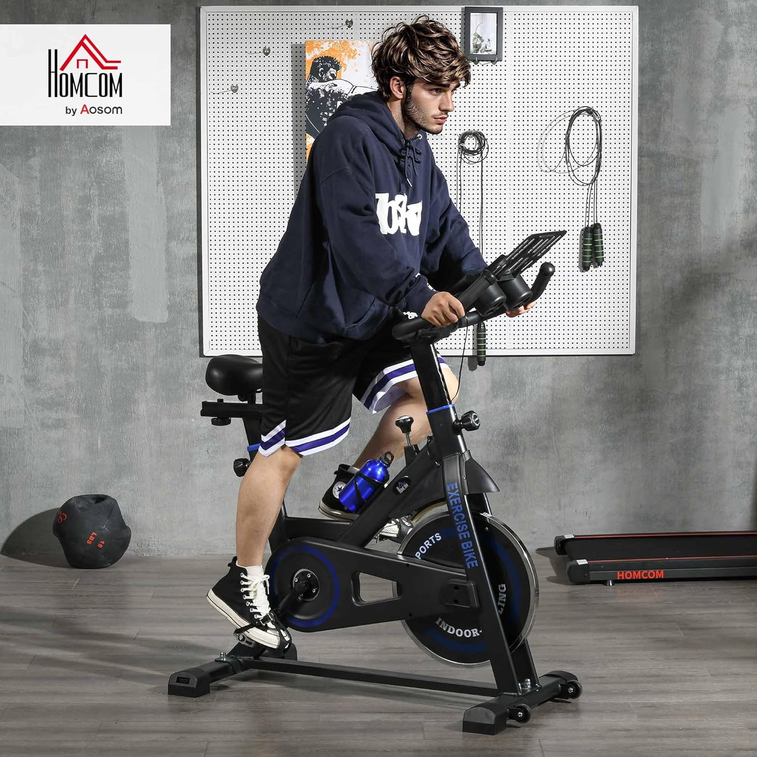 Vélo d'appartement avec résistance réglable pour vélo d'appartement avec volant d'inertie 8 kg, écran LCD, guidon et siège réglable pour la maison ou la gym bleu