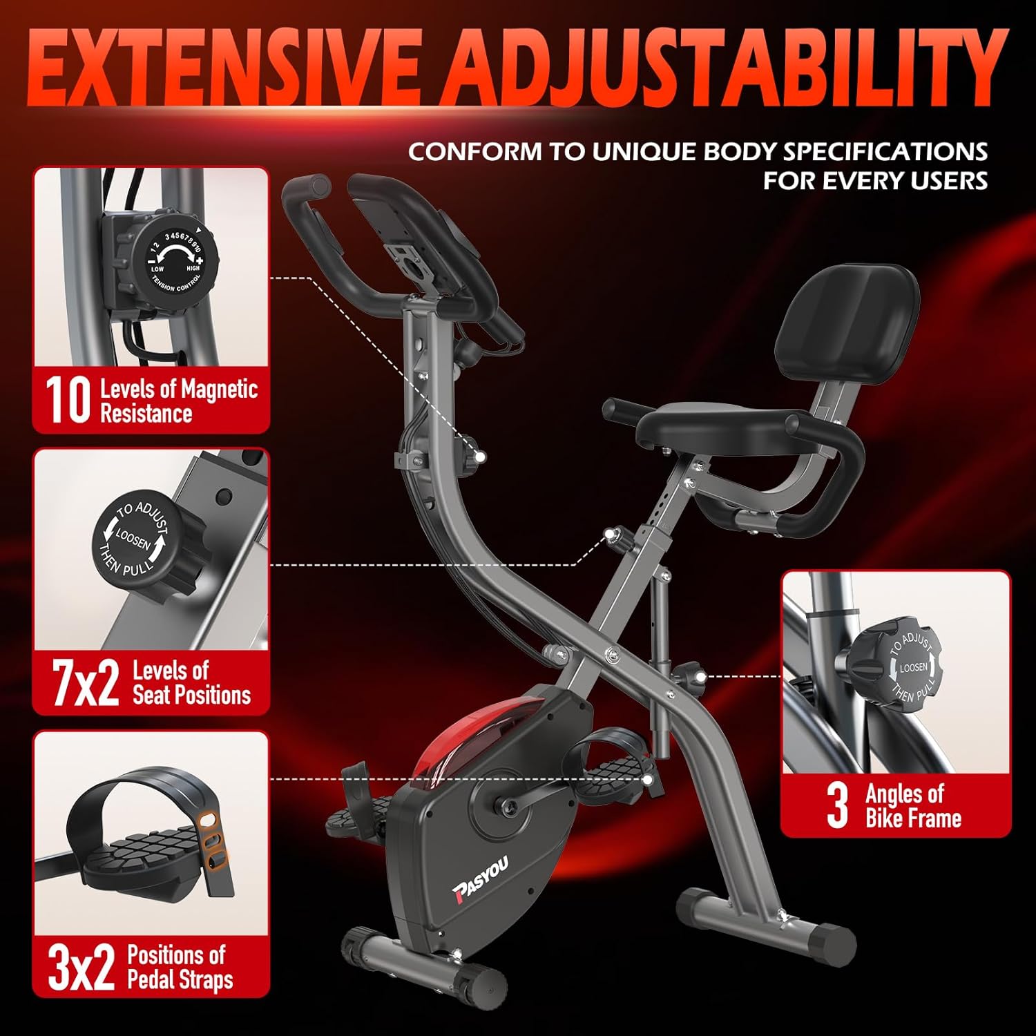 Vélo D’Appartement Pliable X-Bike, Velo d Appartement avec 10 niveaux de Résistance Magnétique, Vélos de Fitness Avec Coussin de Siège Confortable, Vélo d'intérieur Pour la Maison Noir