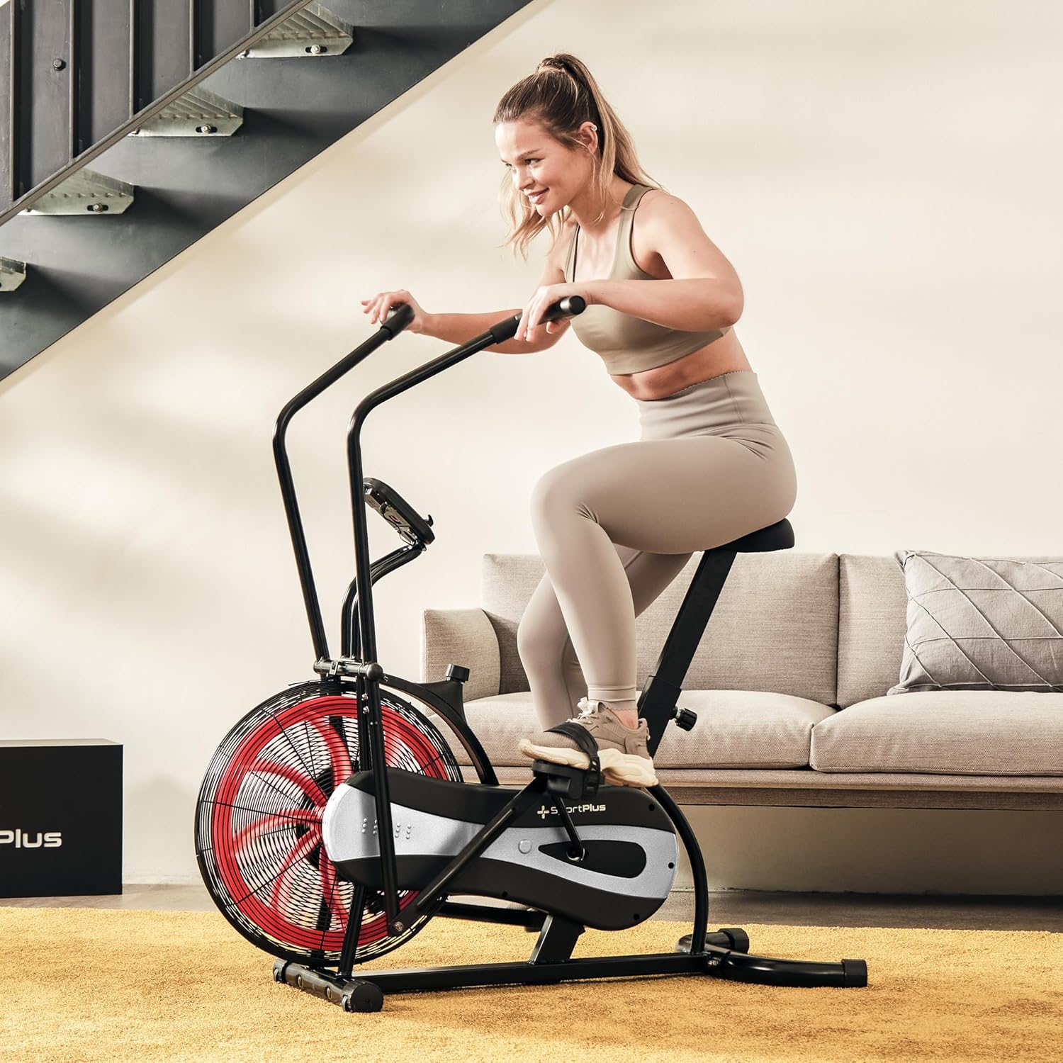 Air Bike avec résistance à l'air, disponible avec compatibilité App, vélo d'appartement pour HIIT, vélo de fitness, écran éclairé, supporte jusqu'à 100 kg Black/Red + Non compatible avec l'application