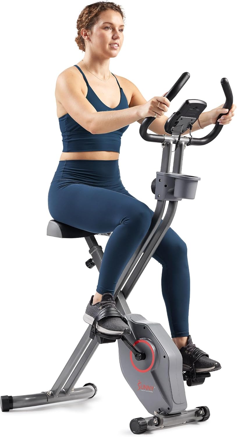 Sunny Health & Fitness Smart Folding X-Bike, Vélo d’Appartement Pliable pour Entraînement à Domicile, Entraînement Cardio pour Tout le Corps, 14 Niveaux de Résistance Magnétique, App SunnyFit Gratuite Gris