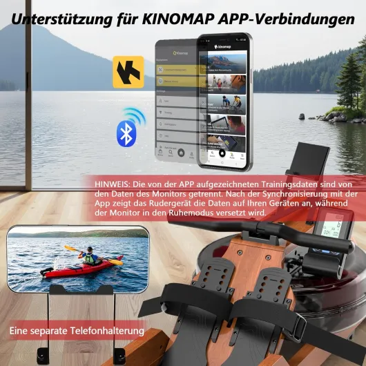 Rameurs d'appartement pour Usage Appartemen, Rameur d'eau en Bois Pliable avec écran Bluetooth, Construction en Bois de qualité supérieure, Double Rail Coulissant, Charge maximale 150 kg Chêne marron.